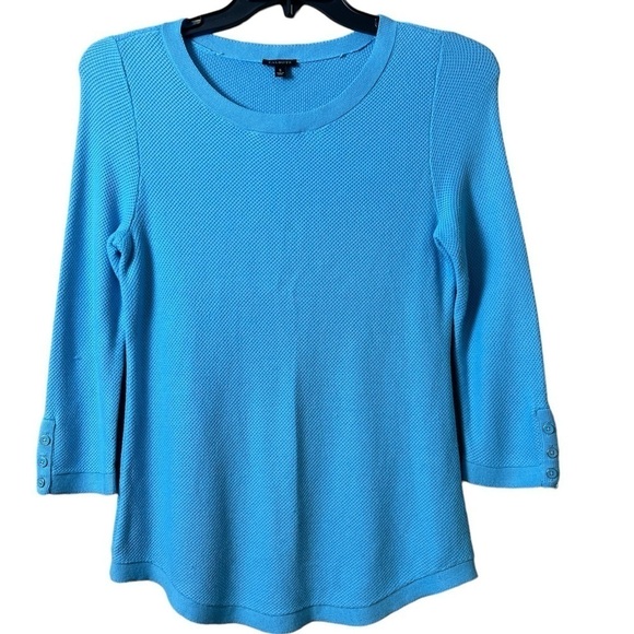 Talbots Turquoise 3/4 Sleeve Scalloped Hem Crewneck Knit Pullover Size Small - Picture 1 of 8
